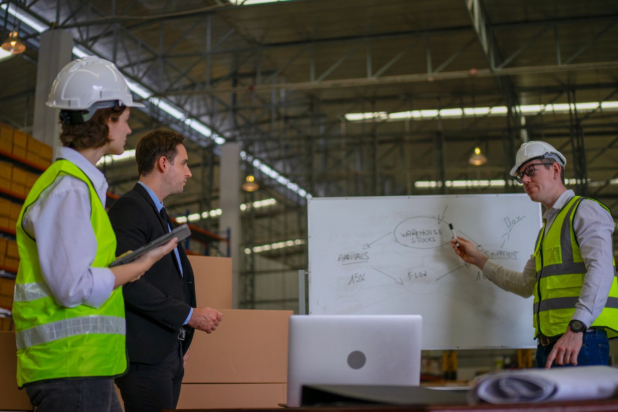 Industrial team meeting in a warehouse environment